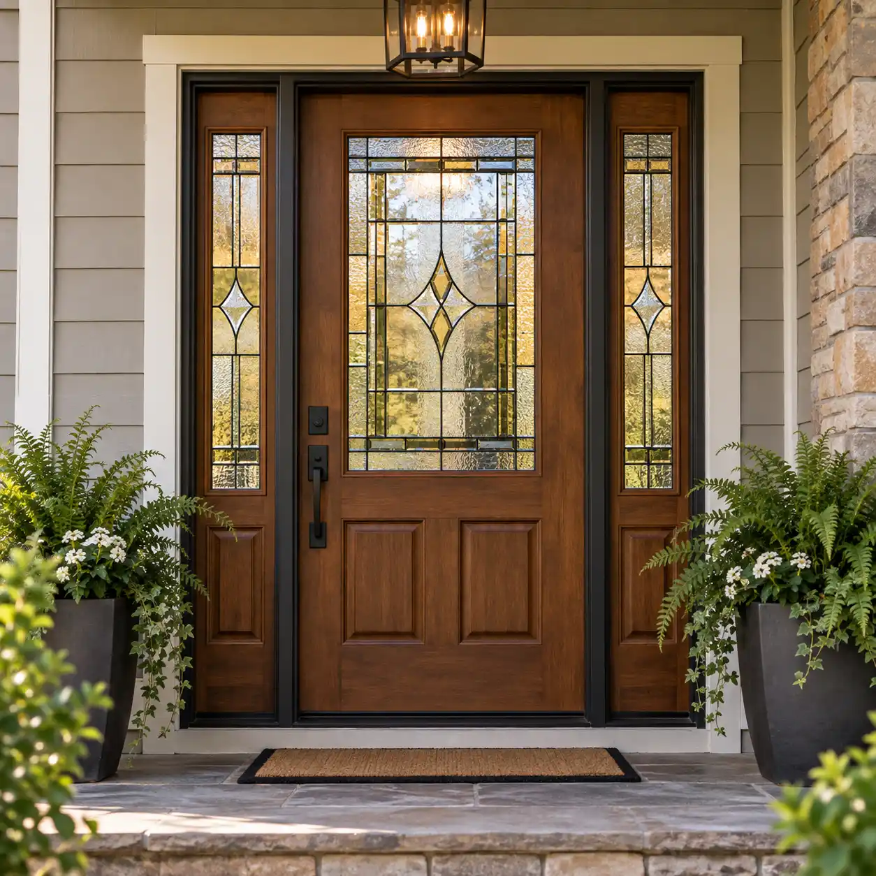 Decorative stained glass front door for custom home construction