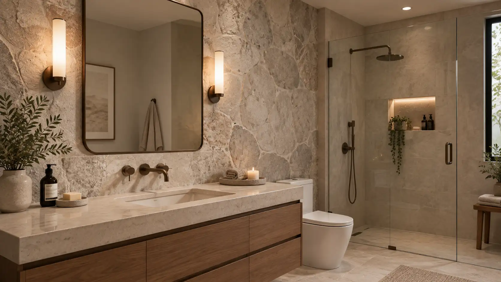 Gorgeous bathroom stone wall showing custom stonework