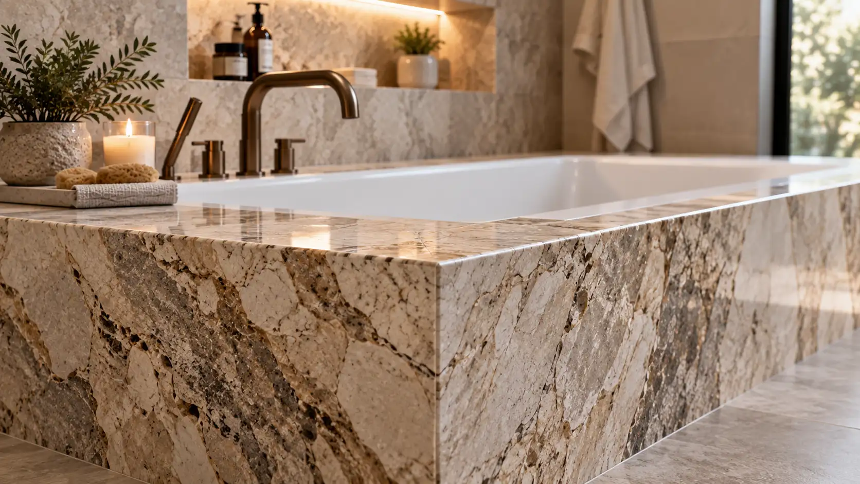 Granite stonework around bathtub in an Alexander NY bathroom remodel