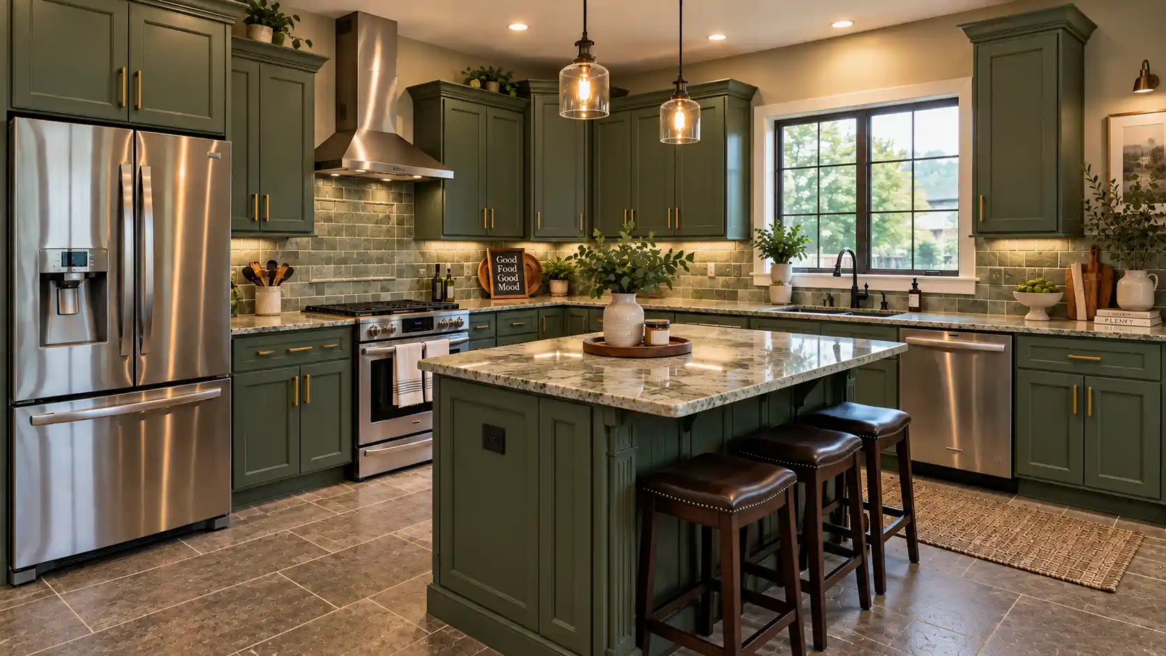 Green kitchen remodel with granite countertop by Day One Specialties