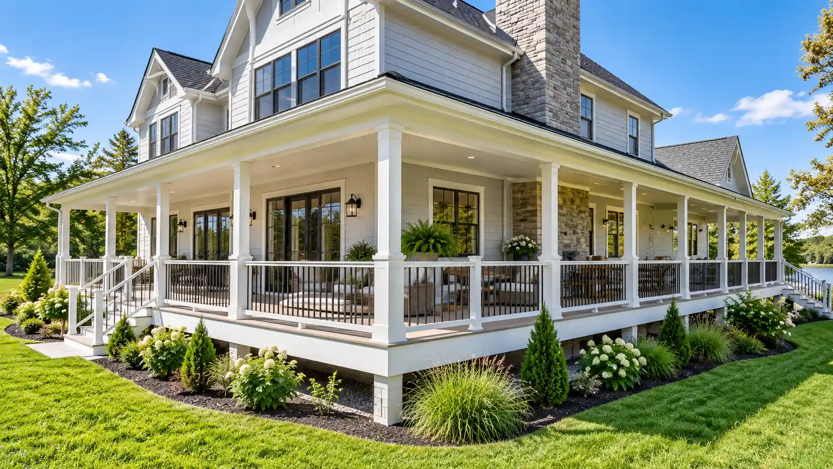 Large white wrap-around custom deck and porch built for outdoor living