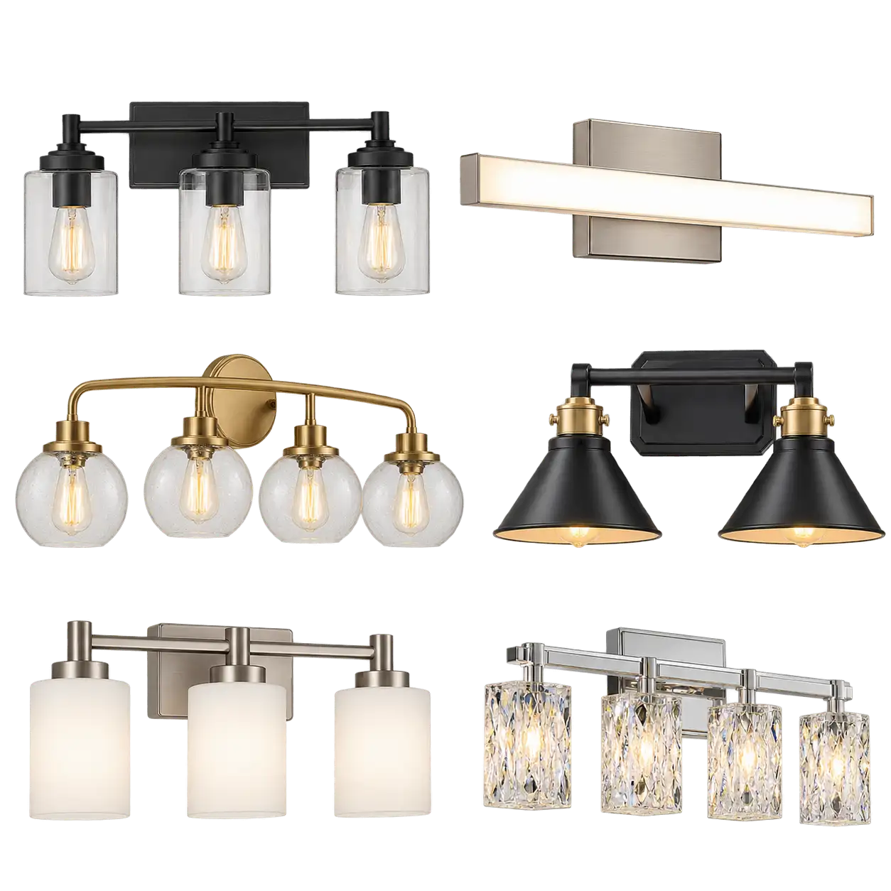 Bathroom light fixture options designed for installation around vanity mirrors