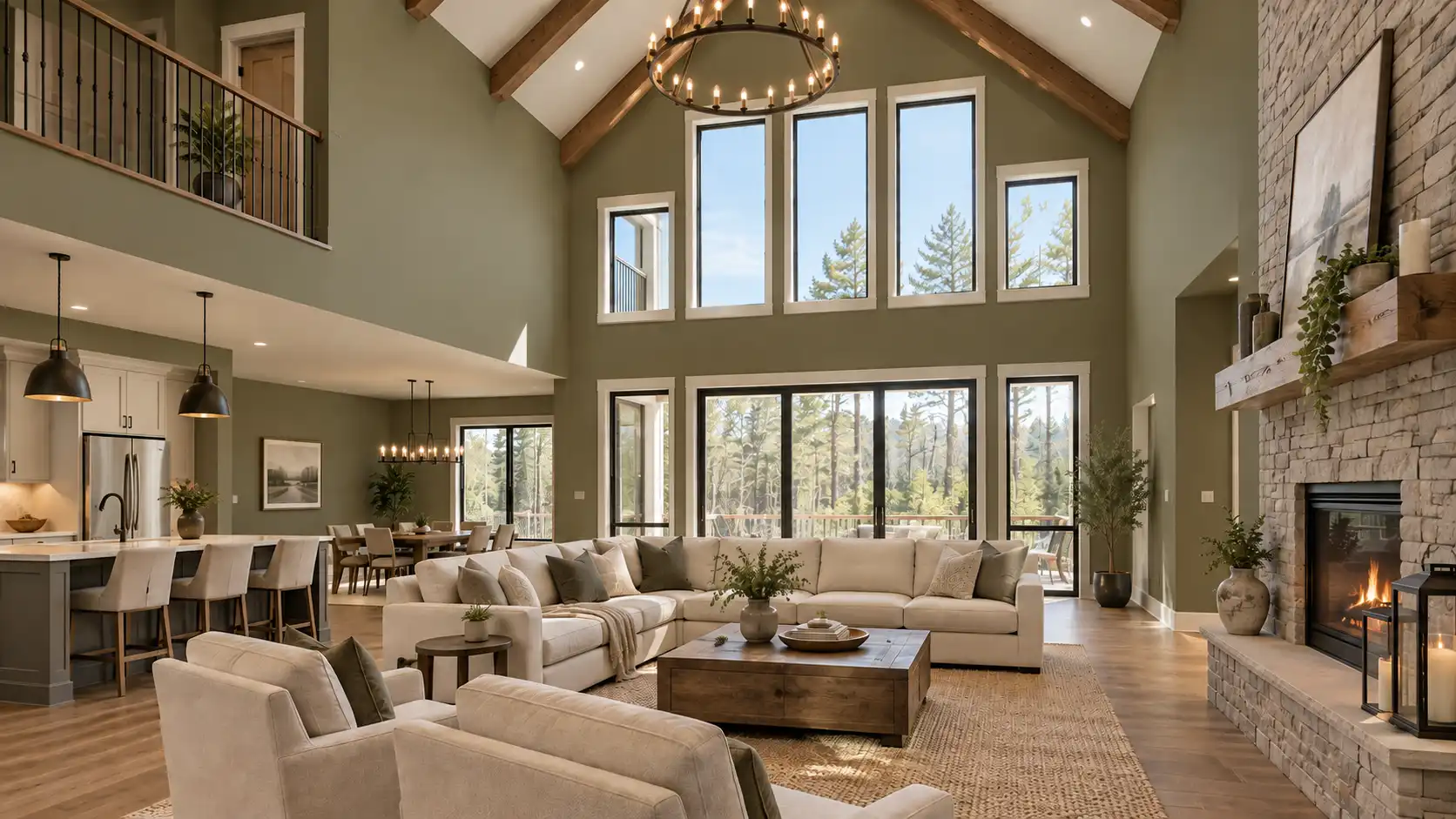 Olive green great room showing custom painting and finishing services