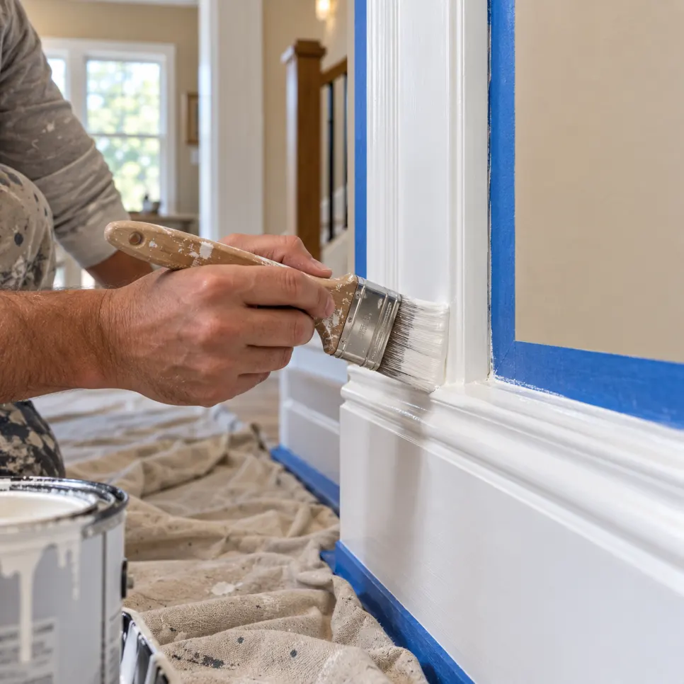 Painting and trim specialist completing interior trim in Alexander NY