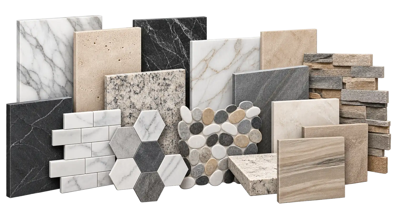Stonework for bathroom remodeling in Alexander NY showing different stone and tile options