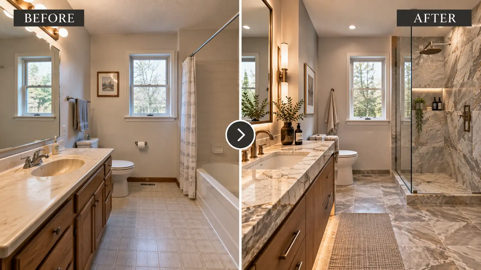 Before and after bathroom remodeling example showing quality Day One Specialties stonework